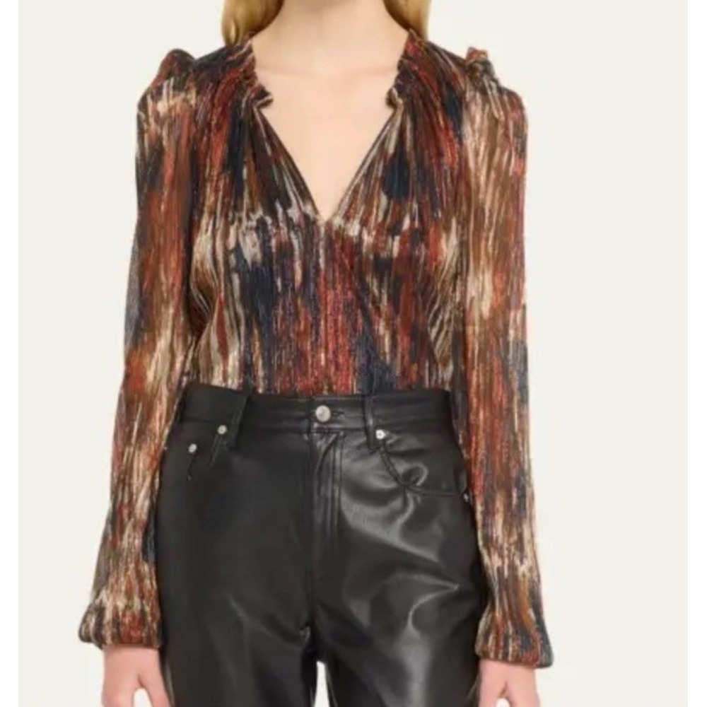 Ramy Brook Silk Blend Blouse Abstract Print V-Neck Long Sleeve Women's S Luxe